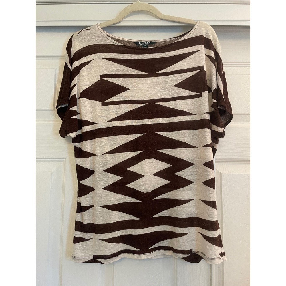 Lauren Ralph Lauren Women's Brown Cream Western Linen Geometric Tee M